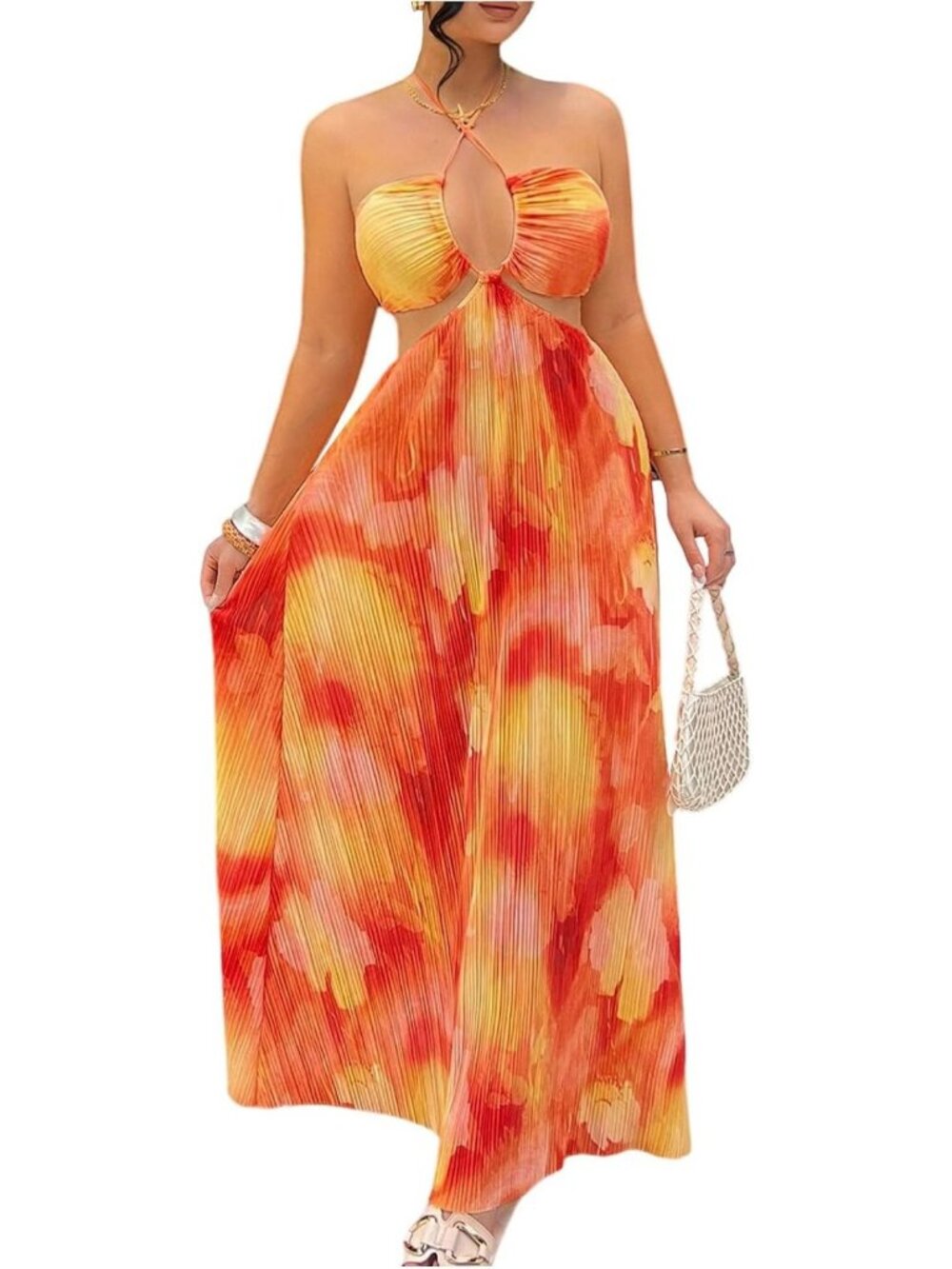 Backless Halter Maxi Dress - Flowy Plisse Beach Sundress for Summer Style